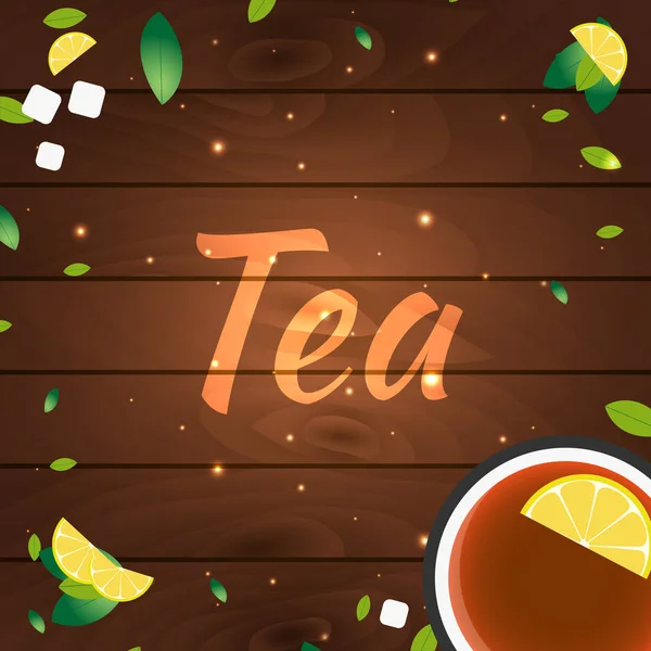 Hora do chá. Xícara de chá com limão. Fundo de madeira. Ilustração vetorial . — Vetor de Stock
