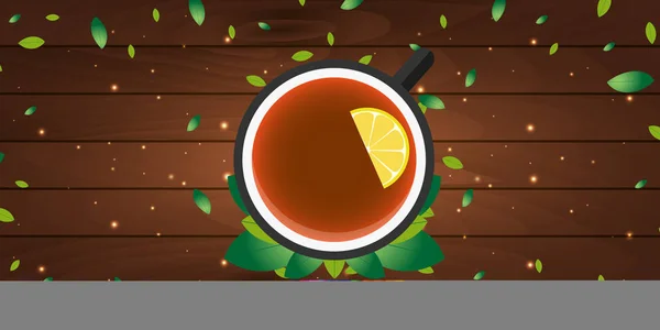 Cartaz de chá. Xícara de chá com limão. Fundo de madeira. Ilustração vetorial . — Vetor de Stock
