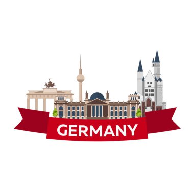 Almanya, Berlin Poster manzarası vizesi. Reichstag, Brandenburg Kapısı. Vektör çizim.