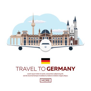 Almanya, Berlin Poster manzarası vizesi. Reichstag, Brandenburg Kapısı. Vektör çizim.