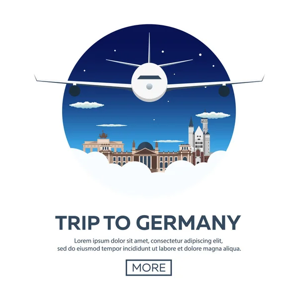 Resa till Tyskland, Berlin affisch skyline. Reichstag, Brandenburger Tor. Vektorillustration. — Stock vektor