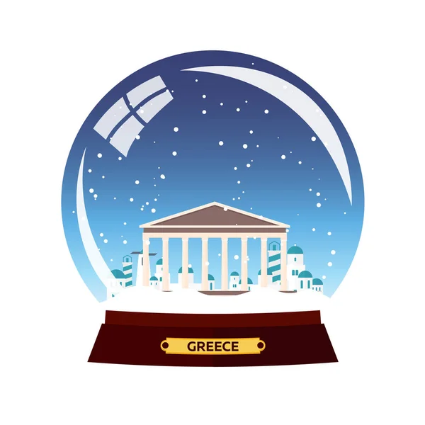 La città della palla di neve. Grecia, Acropoli a Snow Globe. vettore di viaggio invernale . — Vettoriale Stock