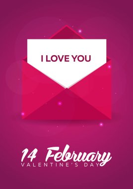 Poster Sevgililer günü düz. Pembe Pembe zarfta. Vektör çizim.