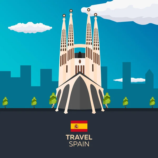 Resa till Spanien skyline. Sagrada Familia. Flat vektorillustration. — Stock vektor