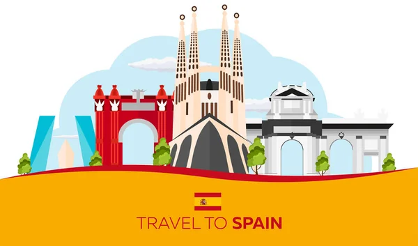 Viaje a España skyline. Sagrada Familia. Ilustración plana del vector . — Archivo Imágenes Vectoriales
