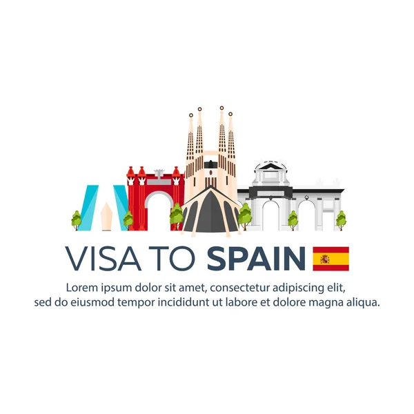 Visto para Espanha. Documento de viagem. Ilustração plana vetorial . —  Vetores de Stock