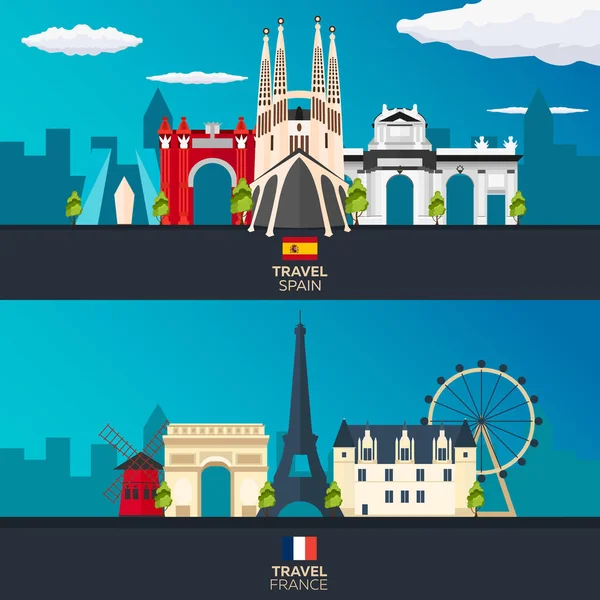 Viaje para Espanha e França skyline. Ilustração plana vetorial . —  Vetores de Stock