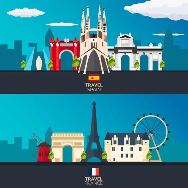 Viaje a España y Francia skyline. Ilustración plana del vector . — Archivo Imágenes Vectoriales