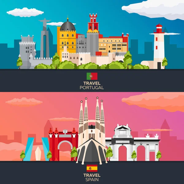 Viajar para Portugal e Espanha horizonte. Ilustração plana vetorial . — Vetor de Stock