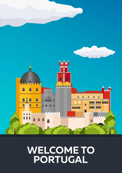 Cartel Viaje a Portugal skyline. Ilustración plana del vector — Archivo Imágenes Vectoriales