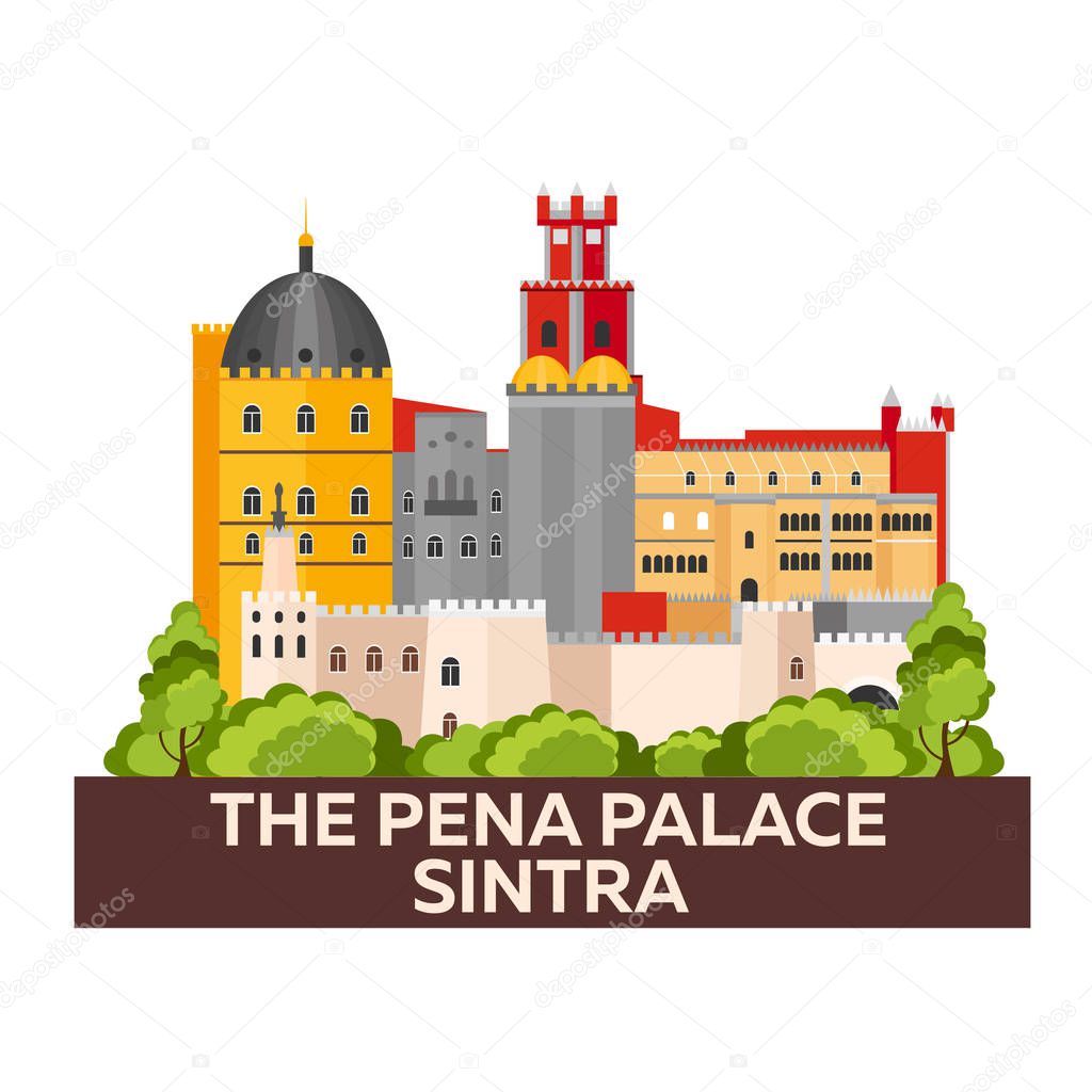 Travel to Spain skyline. The Pena Palace. Sintra. Vector flat illustration.