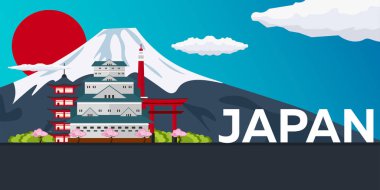 Japonya'ya seyahat afiş. Vektör düz çizim.