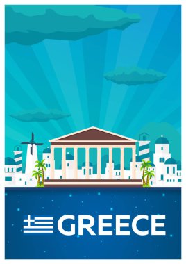 Yunanistan'a seyahat poster. Vektör düz çizim.