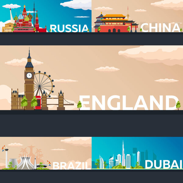 Big Collection of Travel banners to country. Vecor Flat illustration.