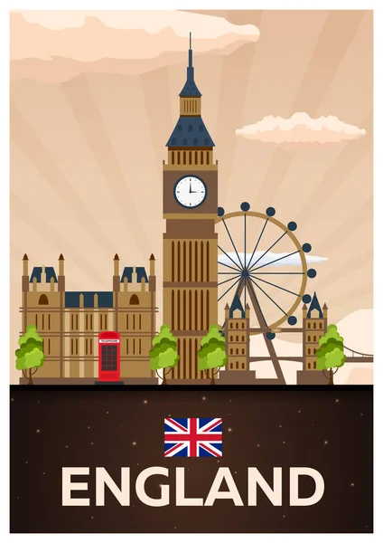 Travel poster to England. Vector flat illustration. — Stock Vector