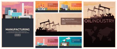 Endüstriyel fabrika bina ayarlayın. Üretim, petrol sanayi vektör düz çizim.