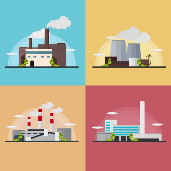 Set fabbrica di edifici industriali. Produzione. Illustrazione piatta vettoriale . — Vettoriale Stock