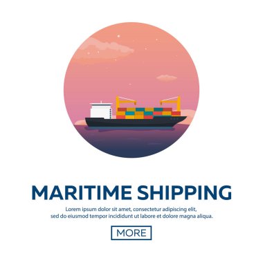 Deniz taşımacılığı logistic. Deniz taşıma. Deniz nakliye. Deniz Ticaret. Kargo gemisi. Vektör düz çizim.