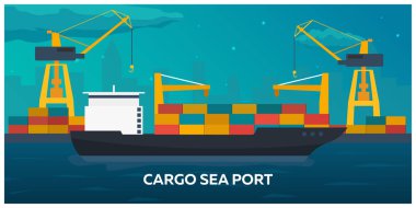 Deniz taşımacılığı logistic. Deniz taşıma. Deniz nakliye. Deniz Ticaret. Kargo gemisi. Vektör düz çizim.
