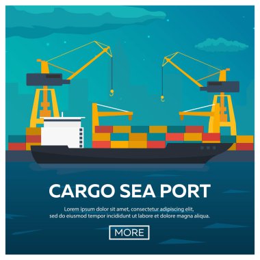 Deniz taşımacılığı logistic. Deniz taşıma. Deniz nakliye. Deniz Ticaret. Kargo gemisi. Vektör düz çizim.