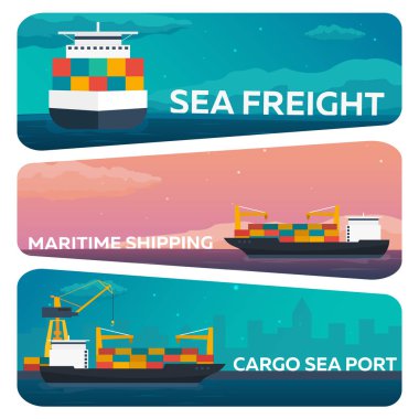 Deniz taşımacılığı logistic kümesi. Deniz taşıma. Deniz nakliye. Deniz Ticaret. Kargo gemisi. Vektör düz çizim.
