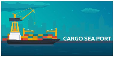 Deniz taşımacılığı logistic. Deniz taşıma. Deniz nakliye. Deniz Ticaret. Kargo gemisi. Vektör düz çizim.