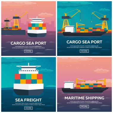Deniz taşımacılığı logistic kümesi. Deniz taşıma. Deniz nakliye. Deniz Ticaret. Kargo gemisi. Vektör düz çizim.
