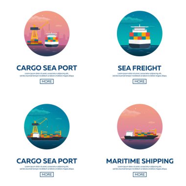 Deniz taşımacılığı logistic. Deniz taşıma. Deniz nakliye. Deniz Ticaret. Kargo gemisi. Vektör düz çizim.