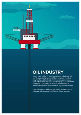 Petrol platformu Poster. Deniz. Petrol arama. Vektör düz çizim.