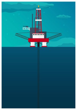 Petrol platformu Poster. Deniz. Petrol arama. Vektör düz çizim.