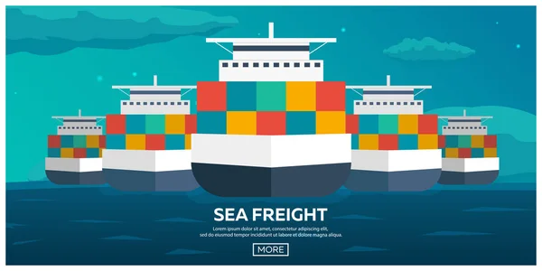 Sea transport logistic. Sjöfrakt. Sjöfart. Handelsflottan. Lastfartyg. Flat vektorillustration. — Stock vektor