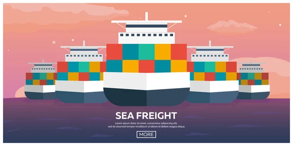 Transport maritime logistique. Transport maritime. Transport maritime. Marine marchande. Navire cargo. Illustration vectorielle plate . — Image vectorielle