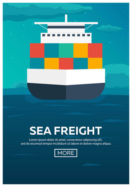 Sea transportation logistic. Sea Freight. Maritime shipping. Merchant Marine. Cargo ship. Vector flat illustration.