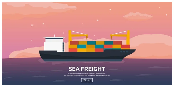 Transport maritime logistique. Transport maritime. Transport maritime. Marine marchande. Navire cargo. Illustration vectorielle plate . — Image vectorielle