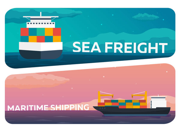 Sea transportation logistic. Sea Freight. Maritime shipping. Merchant Marine. Cargo ship. Vector flat illustration.