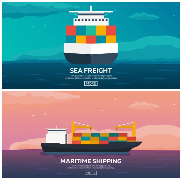 海上輸送の物流。海上輸送。海運。商船。貨物船。ベクトル フラット図. — ストックベクタ