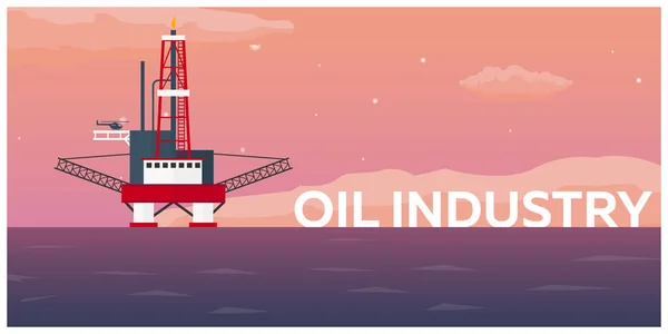 Plataforma petrolífera. Mar. Exploração de petróleo. Ilustração plana vetorial . — Vetor de Stock