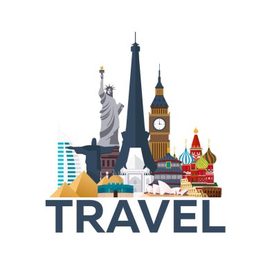 Seyahat poster. Bütün dünyada. Tatil. Ülke gezisi. İllüstrasyon seyahat. Modern vektör düz.
