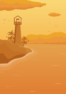 Deniz dalgaları ve deniz feneri ile arka plan. Vektör düz çizim.