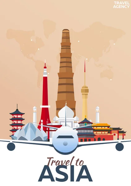 Reizen de poster. Reizen naar Azië. Vakantie. Reis naar het land. Reizende illustratie. Moderne vector plat. — Stockvector