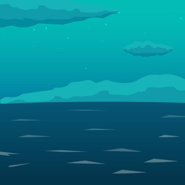 Sea background with waves and clouds. Vector flat illustration.