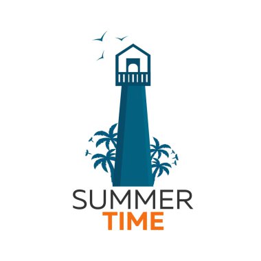 Yaz saati logosunu görmeniz gerekir. Palm ile deniz feneri. Vektör düz çizim.