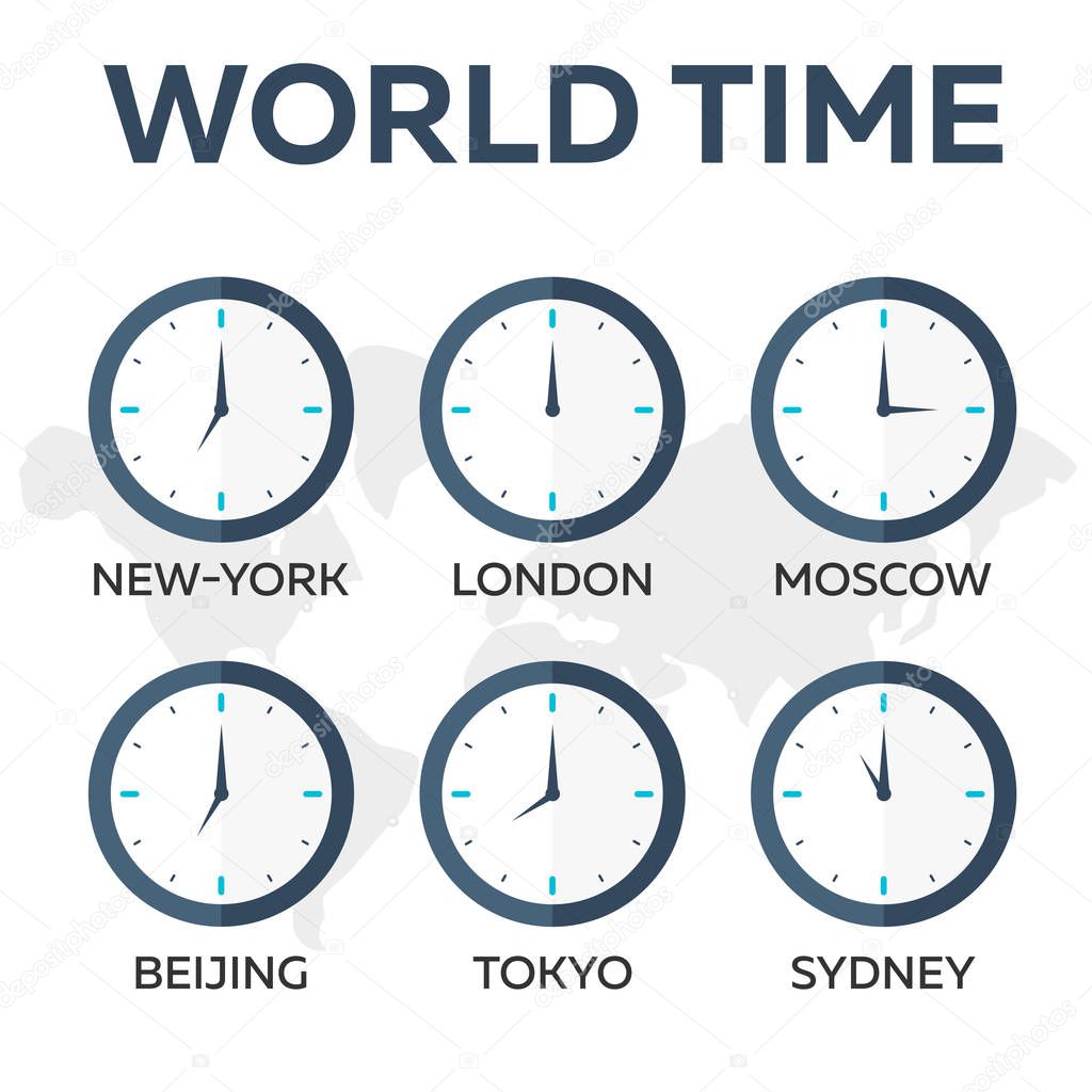World time. Watch. Time zones. Vector flat illustration.