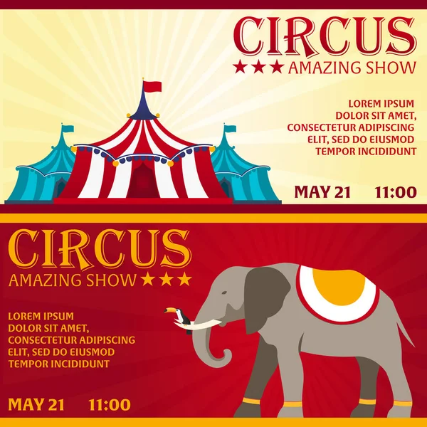 Set bannière de cirque, billet de cirque. Spectacle incroyable. Illustration plate . — Image vectorielle
