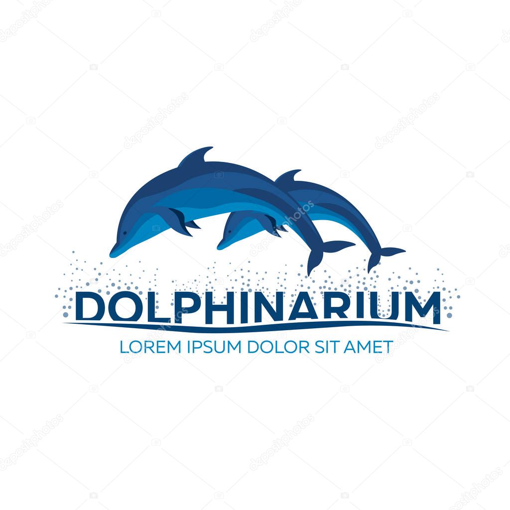 Dolphinarium. Dolphin logo. Banner. Vector flat illustration.