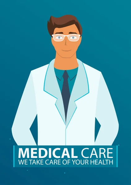 Poster with doctor. Medical care. Medical gown. Vector flat illustration. — Stock Vector