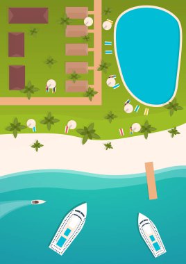 Cennet renkli seyahat. Tropikal plaj. Cruise gemisi. En iyi cruise. Vektör düz işiniz için banner.