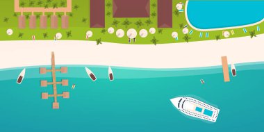 Cennet renkli seyahat. Tropikal plaj. Cruise gemisi. En iyi cruise. Vektör düz işiniz için banner.