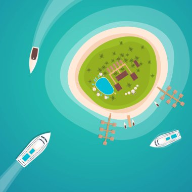 Cennet renkli seyahat. Tropikal plaj. Cruise gemisi. En iyi cruise. Vektör düz işiniz için banner.