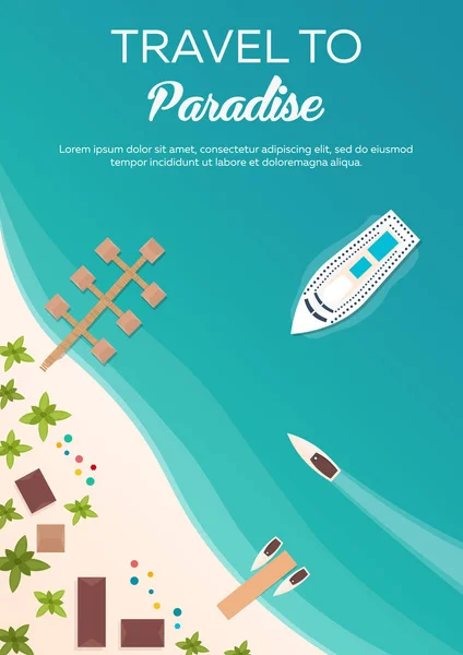 Kleurrijke reis naar het paradijs. Tropisch strand. Cruise liner. Beste cruise. Vector plat banner voor uw bedrijf. — Stockvector